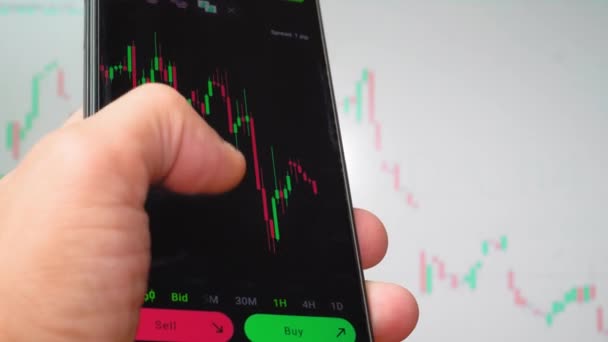 Üzletember kereskedő befektető elemző mobiltelefon alkalmazás elemzése cryptocurrency pénzügyi piac, chart index kereskedési adatok okostelefon. háttér-grafikonon látható - Felvétel, videó
