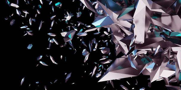 Exploze fragmenty trosky prach prvky rozbité sklo rozptýlené roztroušené černé pozadí 3D ilustrace - Fotografie, Obrázek
