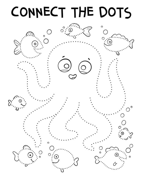 Connect the dots and draw cute cartoon octopus. Dot to dot. Draw a line. Handwriting practice. Learning numbers for kids. Education developing worksheet. Game for toddler. Isolated vector illustration - Wektor, obraz