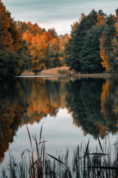 Φθινόπωρο τοπίο στη λίμνη Ostrowickie (Πολωνία, Kashubia) - Φωτογραφία, εικόνα