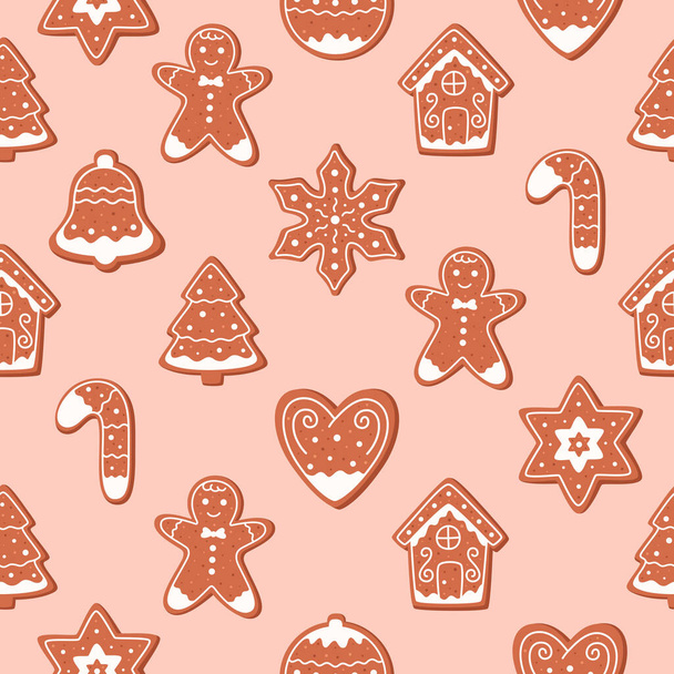 クリスマスクッキーのシームレスなパターン。新年はクッキーを飾りました。メリークリスマスとハッピーホリデー。冬の自家製お菓子。ベクターイラスト - ベクター画像