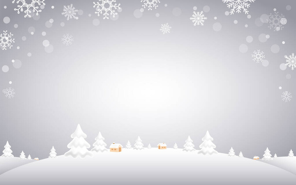 Χειμερινά Χριστούγεννα φόντο με χιονισμένο λόφους. Χειμερινό τοπίο με χωριό, εικονογράφηση. - Διάνυσμα, εικόνα