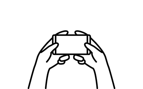 Funcionamiento del teléfono inteligente, dibujo de línea simple de dos manos sosteniendo un teléfono inteligente - Vector, imagen