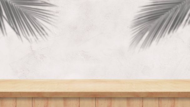 Brązowy drewniany stół i tynk ściany błyszczące dekoracje roślin krajobraz baner tło produktu - Zdjęcie, obraz