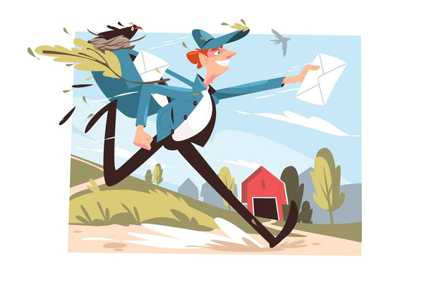Postman hurrying to deliver letter, express mail delivery service vector illustration. Mailman in uniform and cap carrying messenger bag and envelope - Vector, Image