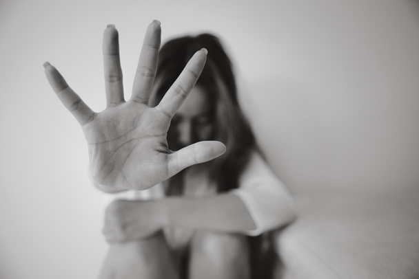 Woman raised her hand for dissuade, Sexual abuse , Stop violence, Women. - Fotó, kép