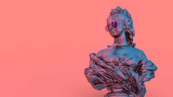 3D рендеринг антикварной скульптуры блестящей женщины на розовом фоне с ручным местом для текста современного искусства фона - Фото, изображение