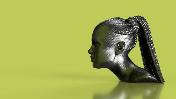 3d render iron head of a woman with shiny dreadlocks on a green background - Foto, afbeelding