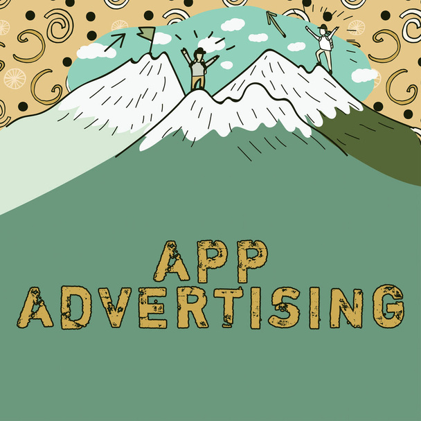 Tekst bijschrift presenteren App Advertising, Concept betekent langdurige zorg voor ouderen of gehandicapten tonen bericht gepresenteerd onder mannen wandelen op de top van de bergen met sneeuw. - Foto, afbeelding