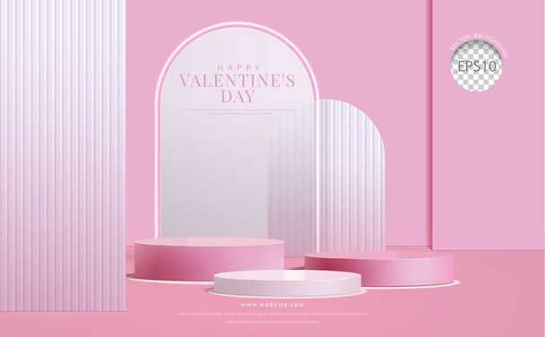 Walentynki różowe tło. trzystopniowy różowy podium z tłem lukier szklany, do wyświetlania produktu, 3d Realistyczny wektor ilustracji - Wektor, obraz