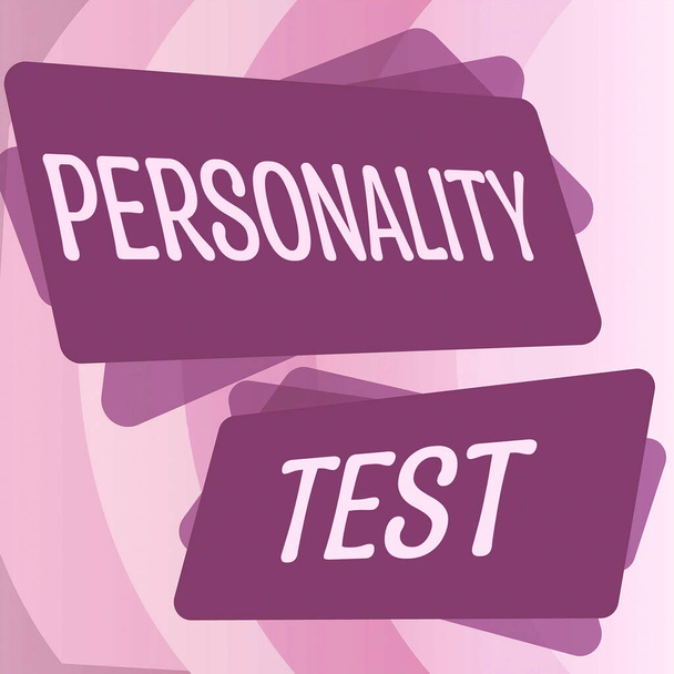 Натхнення показуючи знак Personality Test, бізнес ідея процес прийняття офіційних урядових рішень Жінка тримає ручку під час професійної підготовки через Vr гарнітуру
. - Фото, зображення