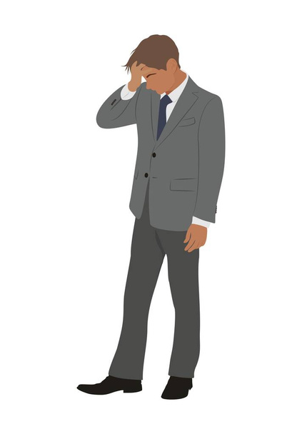Businessman standing full length and holding his head. Handsome man in formal three-piece suit solving some difficult problem. Vector Realistic illustration isolated on white background. - Vector, Image