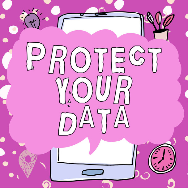 Εννοιολογική επίδειξη Προστατέψτε τα δεδομένα σας, Word για την ασφάλεια στον κυβερνοχώρο ασφαλή και θωρακίζουν τις ψηφιακές πληροφορίες από απώλεια ή απάτη - Φωτογραφία, εικόνα