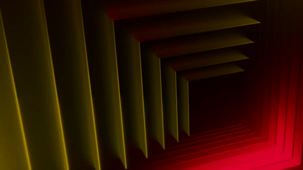 Animatie met bewegende pleinen en neon licht. Ontwerp. Bewegende 3d piramide van vierkanten en neon lijnen. Illusie van draaiend neonlicht met schaduwen op vierkante piramide.  - Video