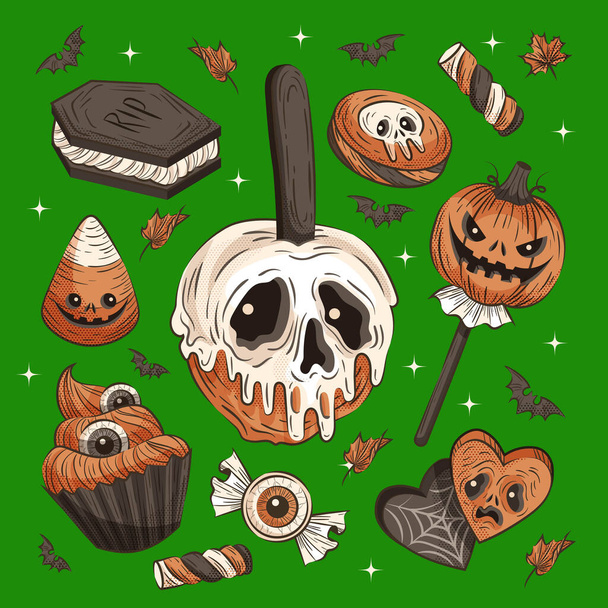 hand drawn halloween vintage candy elements collection vector design illustration - Vector, Image