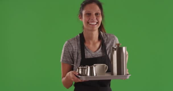 Pretty waitress carrying tray with coffee beverage on green screen.  Lovely young waitress holding tray to serve coffee on greenscreen. 4k - Footage, Video