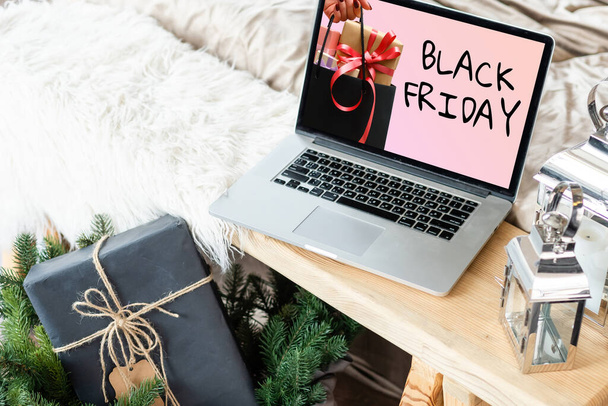 Black Friday and big sale in electronics store concept. Laptop. - Фото, изображение