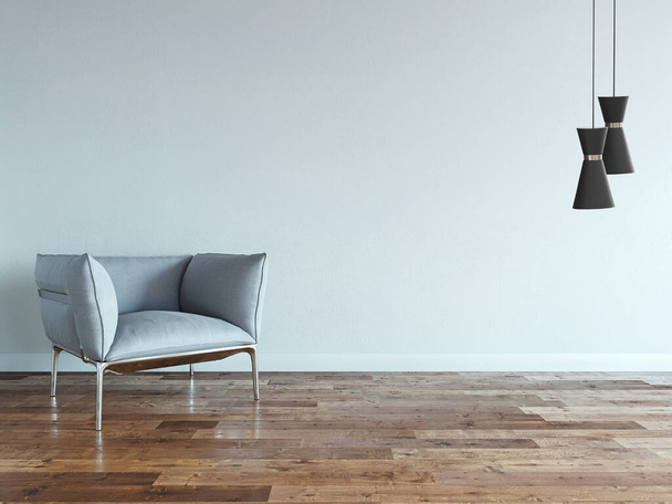 белокаменная стена пустая комната и дизайн интерьера, висящая лампа. 3D иллюстрация - Фото, изображение