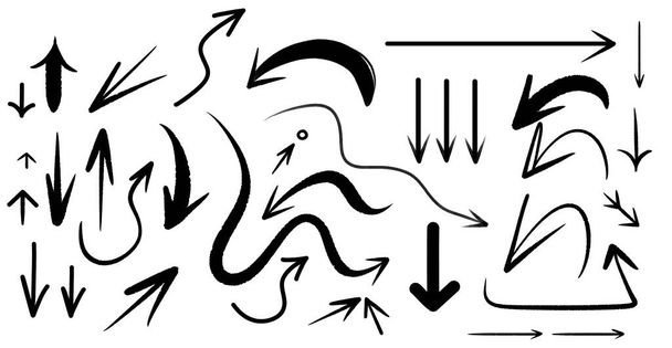Gran conjunto de flechas dibujadas a mano, diferentes tipos, aisladas en blanco - Foto, imagen
