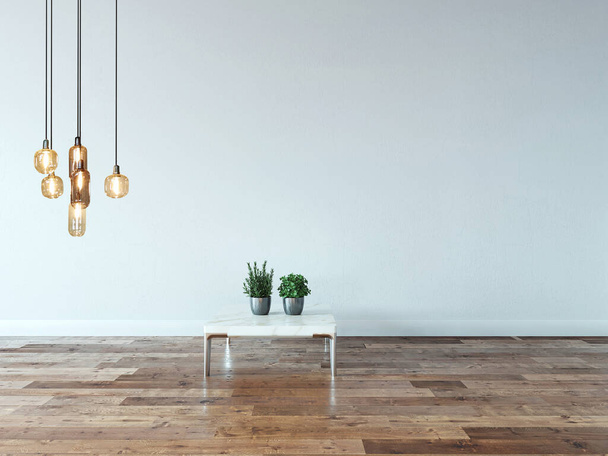 prázdný obývací pokoj interiér dekorace moderní lampa a dřevěná podlaha, kamenná zeď koncept. dekorativní zázemí pro domov, kancelář, hotel. 3D ilustrace - Fotografie, Obrázek