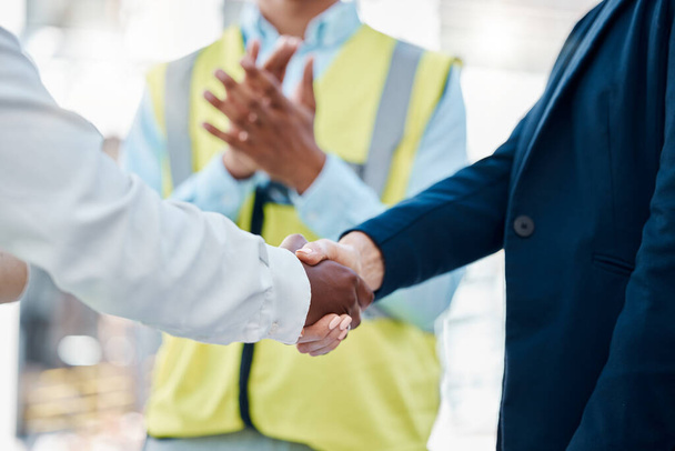 Welcome, B2B or business people shaking hands in corporate partnership, collaboration or success company deal. Handshake, thank you or teamwork for business meeting trust or creative strategy support. - 写真・画像