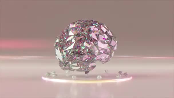  抽象概念。大きなダイヤモンドの脳がプラットフォーム上で回転します。ピンクホワイトカラー。シームレスループの3Dアニメーション。高品質4k映像 - 映像、動画