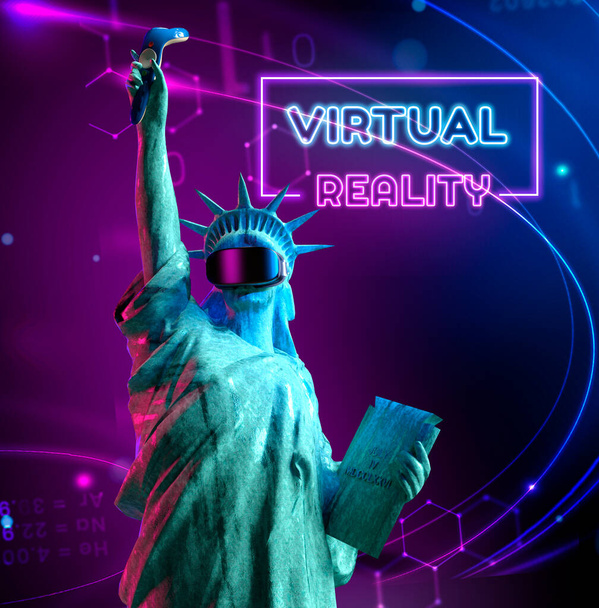 Freiheitsstatue mit Virtual Reality Brille, vr. Hintergrund mit neonfarbenem Text. 3D-Rendering - Foto, Bild