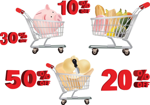 Shopping cart with purchases and discounts - Vector, Image