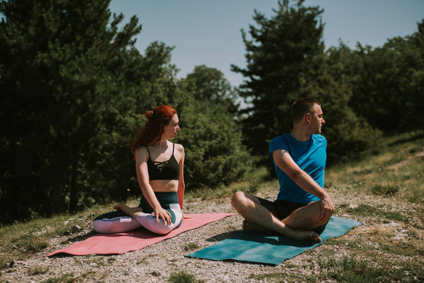 Les gens de yoga sur des tapis de yoga faisant quelques poses de yoga à la prairie - Photo, image