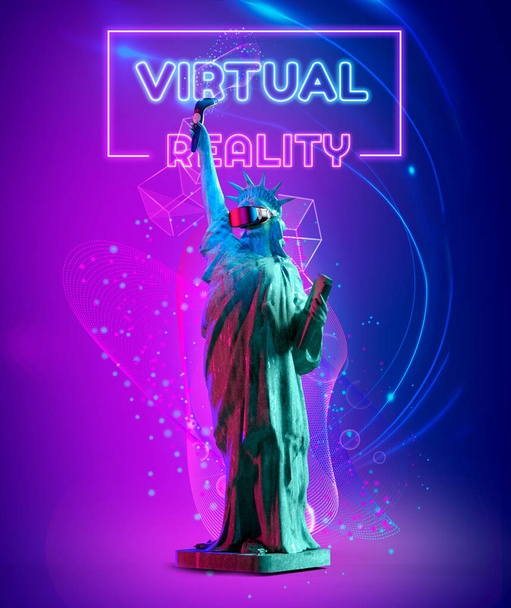 Statua Wolności przy użyciu okularów wirtualnej rzeczywistości, vr Tło z tekstem efektu neonowego. Renderowanie 3D - Zdjęcie, obraz
