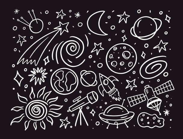Set space or cosmos elements and objects doodle style. Hand drawn outline vector illustration isolated on black background. - ベクター画像