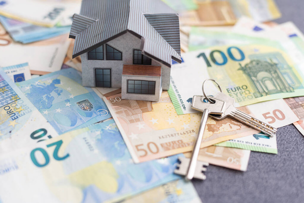 Miniatuur speelgoed huis liggen op de euro geld cash backround. Banner. - Foto, afbeelding