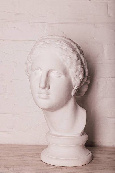 Tynkowa głowa posągu na tle białej ceglanej ściany. Wysokiej jakości zdjęcie - Zdjęcie, obraz