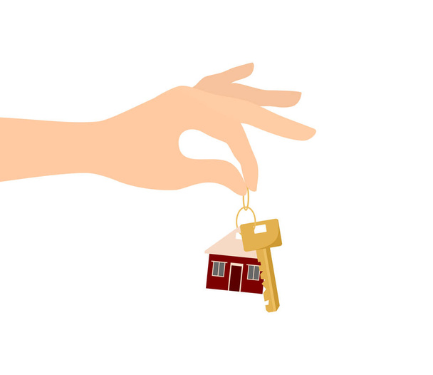 Una mano sosteniendo una llave dorada y un llavero de la casa. Ilustración vectorial plana aislada sobre fondo blanco - Vector, imagen