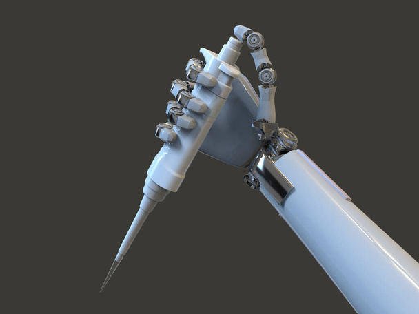 Humanoidalna ręka robota trzymająca automatyczną pipetę, konceptualna ilustracja 3D. Sztuczna inteligencja, automatyzacja koncepcji nauki, badań i diagnostyki klinicznej - Zdjęcie, obraz