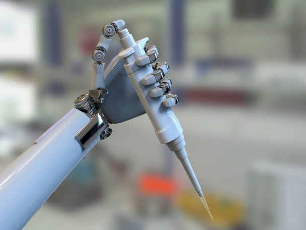 Ένα ανθρωποειδές ρομποτικό χέρι που κρατάει αυτόματη πιπέτα, εννοιολογική τρισδιάστατη απεικόνιση. Τεχνητή νοημοσύνη, αυτοματοποίηση της επιστήμης, έρευνα και κλινική διάγνωση έννοια - Φωτογραφία, εικόνα