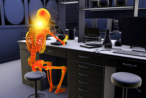 研究室の労働者における作業関連の骨格障害,概念的な3Dイラスト.研究室の労働者の首の痛み - 写真・画像