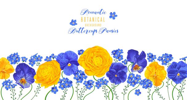 Horizontal frame with yellow and blue flowers of buttercups and pansies on white background. Botanical background on spring theme. Hand drawn, vector, botanical floral design in realistic style.  - Vector, Imagen