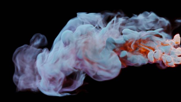 3D-Illustrationen von farbigen Rauchschwaden auf schwarzem Studiohintergrund können getrennt oder kontinuierlich verwendet werden. Rauchwolken, dichter Rauch, hohe Dichte und Turbulenzen, 3D-Darstellung - Foto, Bild