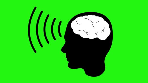 animação ícone da silhueta preta de uma cabeça de pessoa, com ondas cerebrais. Em um fundo de chave de croma verde - Filmagem, Vídeo