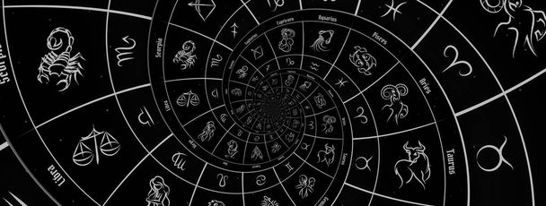 Fundo astrológico com signos do zodíaco e símbolo - preto - Foto, Imagem