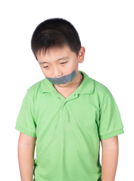 Little boy with wrapping adhesive tape around mouth, rights of a child, isolated on white background - Foto, immagini
