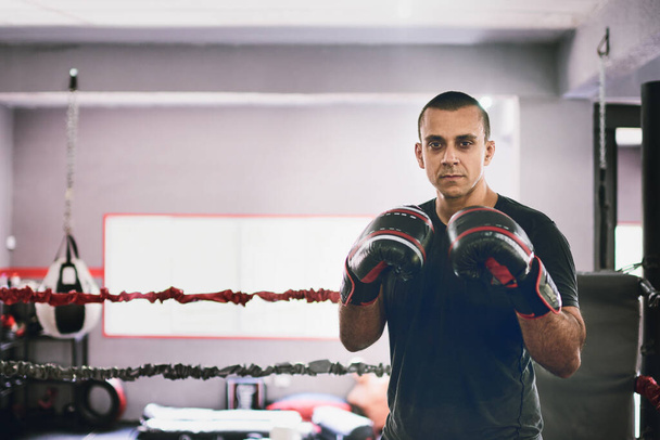 He is a strong competitor. Portrait of a confident young male boxer standing in a ring while wearing gloves and holding his hands up inside a gym during the day - 写真・画像