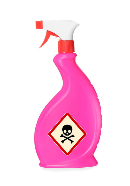 Bottle of toxic household chemical with warning sign on white background - Photo, Image