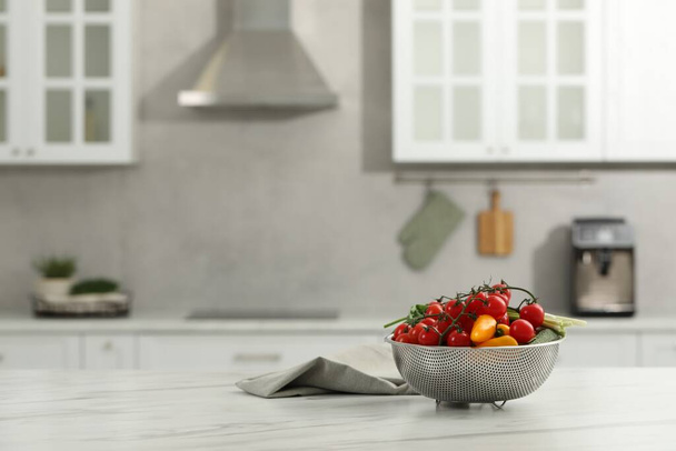 Fresh clean vegetables on white table in kitchen, space for text - Foto, Imagem