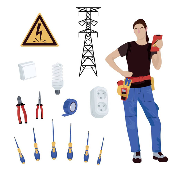 Female electrician and different items on white background - Vector, Image