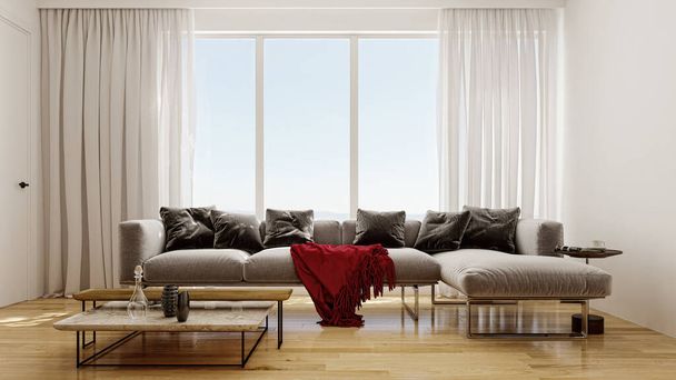 Illustratie 3D rendering grote luxe moderne lichte interieurs Woonkamer mockup computer digitaal gegenereerde beeld - Foto, afbeelding