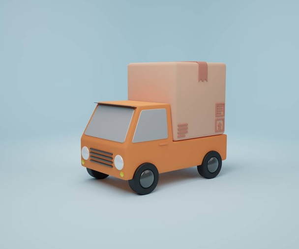 3D-s renderelés illusztráció Cartoon minimal delivery truck with package box, Szállítási szállítás szállítási szállítás, E-kereskedelmi koncepció. - Fotó, kép