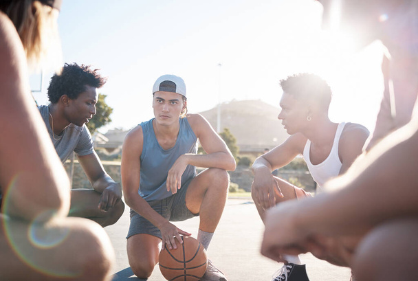 Basketball, team and meeting for sports strategy, collaboration or planning in discussion on the court. Group of athletic sport players in teamwork or competitive conversation for match or game plan. - Fotó, kép