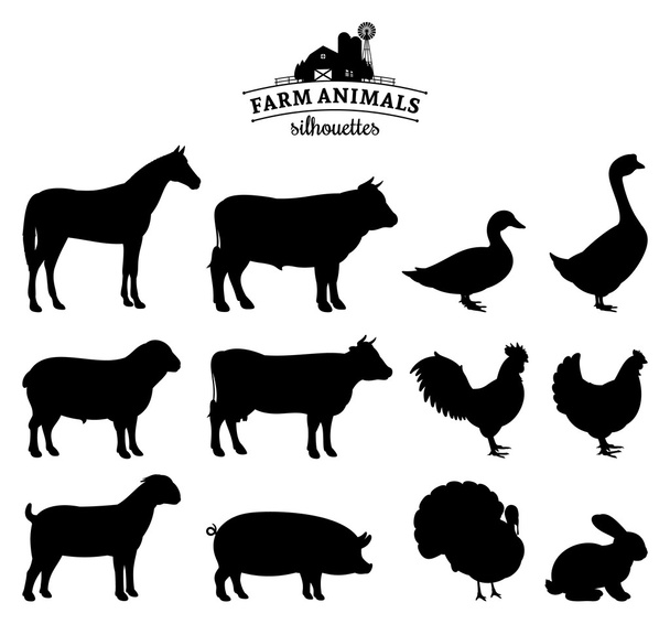 Vector Farm Animals Silhouettes Isolated on White - Vector, Image